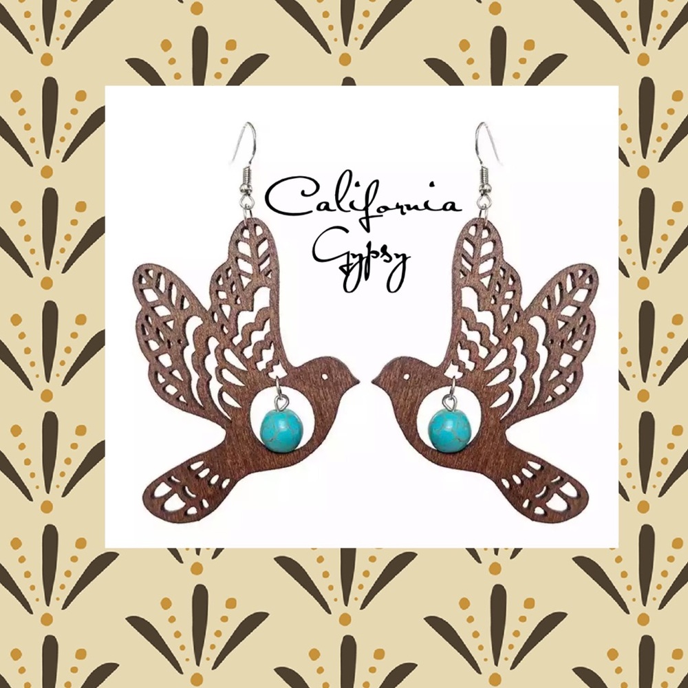 Turquoise Tooled Wood Bird Earrings